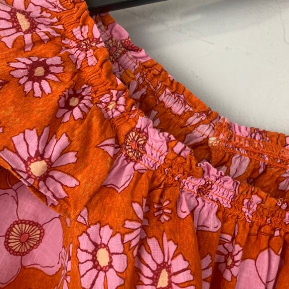 Free People Crop Top Womens Medium Orange Pink Floral Miss Daisy Smocked - Picture 6 of 11